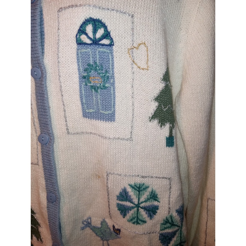 Vintage Winter Wonderland Embroidered Cardigan Sweater Blue Cream Christmas L - Picture 4 of 15
